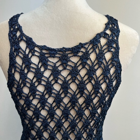 Navy Blue Heavy Knit Nylon Crochet Top Women’s Size Small Crochet Coverup - Picture 9 of 10